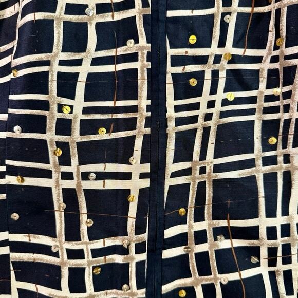 100% Silk Zip-Up Blouse Women's Large Abstract Black/Beige Print Vintage - Picture 7 of 9